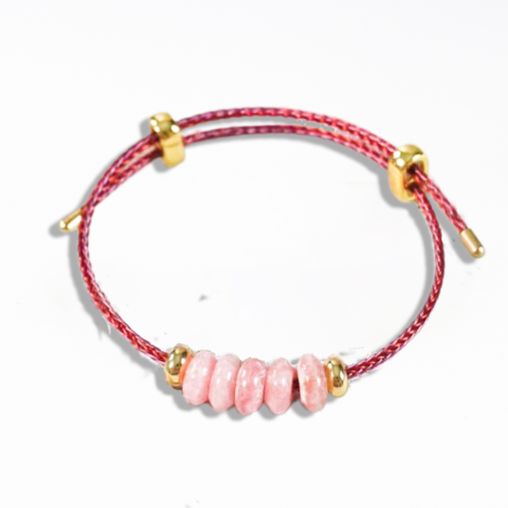ខ្សែដៃស្លាកកាក់ថ្ម Rhodochrosite ប្រាំគ្រាប់យ