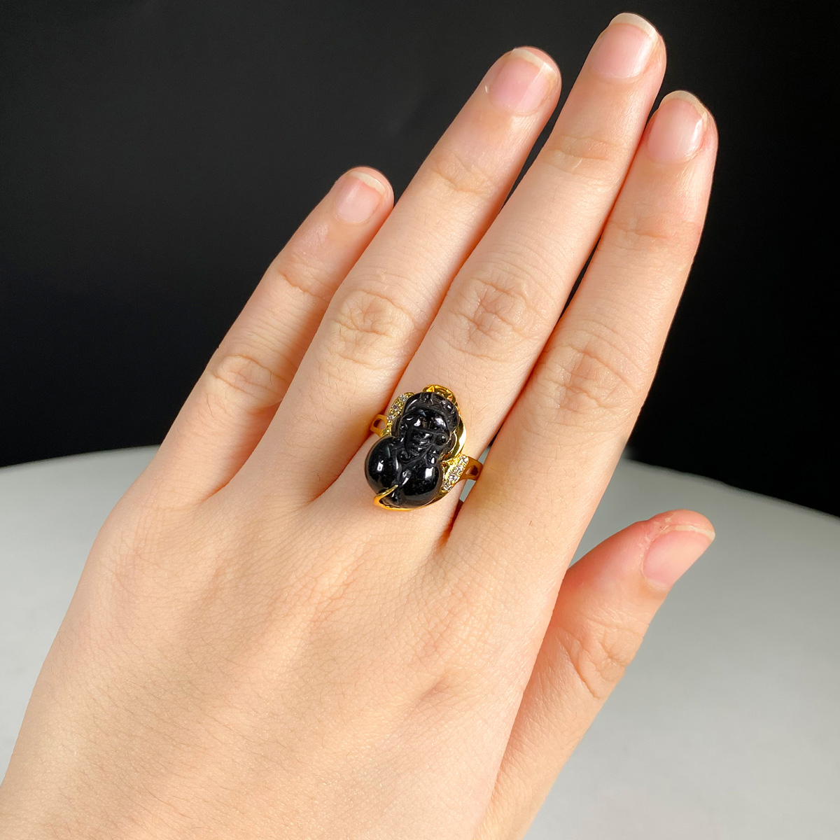 Black Quartz Ring Pixiu Wrap Golden - Image 4